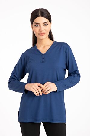 Kadın Orta Yaş ve Üzeri Dört Mevsim V Yaka Rahat Kalıp Likralı Viskoz Anne Penye Bluz 140