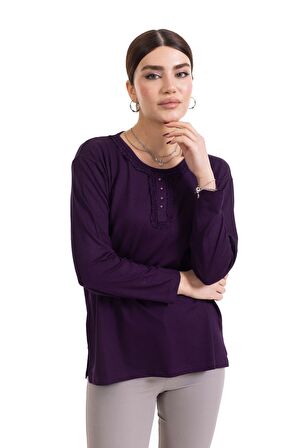 Yeni Sezon 2023 Kadın Orta Yaş ve Üzeri Uzun Kollu Yaka Desenli Likralı Anne Penye Bluz 6390