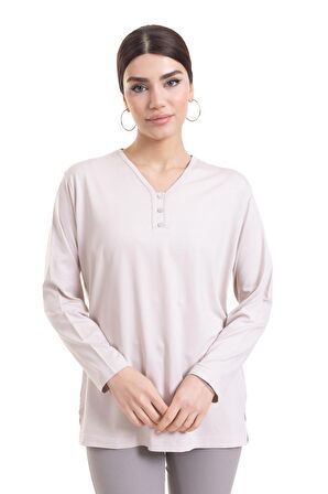 Kadın Orta Yaş ve Üzeri Dört Mevsim V Yaka Rahat Kalıp Likralı Viskoz Anne Penye Bluz 140