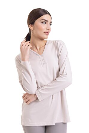 Kadın Orta Yaş ve Üzeri Dört Mevsim V Yaka Rahat Kalıp Likralı Viskoz Anne Penye Bluz 140