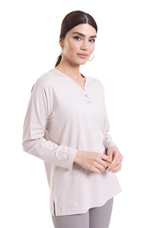 Kadın Orta Yaş ve Üzeri Dört Mevsim V Yaka Rahat Kalıp Likralı Viskoz Anne Penye Bluz 140