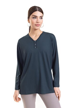 Kadın Orta Yaş ve Üzeri Dört Mevsim V Yaka Rahat Kalıp Likralı Viskoz Anne Penye Bluz 140