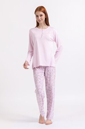 Kadın Dört Mevsim Dantel Desenli Melisa Kumaş Yüksek Kalite Yuvarlak Yaka Pijama Takımı 1361