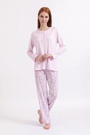 Kadın Dört Mevsim Dantel Desenli Melisa Kumaş Yüksek Kalite Yuvarlak Yaka Pijama Takımı 1361