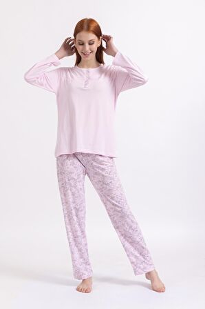 Kadın Dört Mevsim Dantel Desenli Melisa Kumaş Yüksek Kalite Yuvarlak Yaka Pijama Takımı 1361