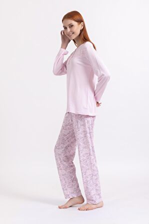 Kadın Dört Mevsim Dantel Desenli Melisa Kumaş Yüksek Kalite Yuvarlak Yaka Pijama Takımı 1361