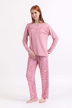 Kadın Dört Mevsim Dantel Desenli Melisa Kumaş Yüksek Kalite Yuvarlak Yaka Pijama Takımı 1361