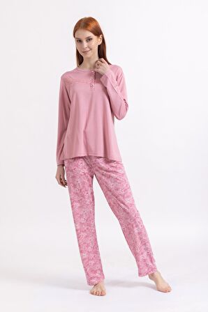 Kadın Dört Mevsim Dantel Desenli Melisa Kumaş Yüksek Kalite Yuvarlak Yaka Pijama Takımı 1361