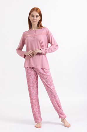 Kadın Dört Mevsim Dantel Desenli Melisa Kumaş Yüksek Kalite Yuvarlak Yaka Pijama Takımı 1361
