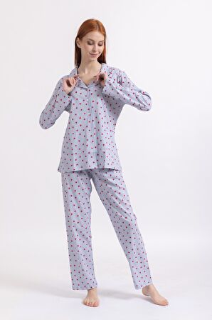 Kadın Dört Mevsim %100 Pamuk Düğmeli Kalp Desenli Yüksek Kalite Pijama Takımı 9323