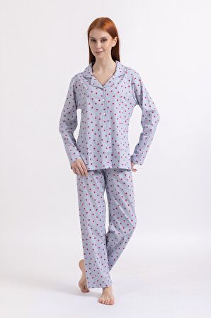 Kadın Dört Mevsim %100 Pamuk Düğmeli Kalp Desenli Yüksek Kalite Pijama Takımı 9323
