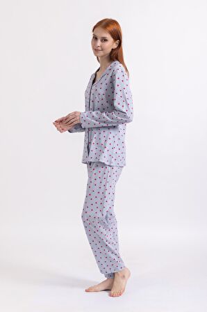 Kadın Dört Mevsim %100 Pamuk Düğmeli Kalp Desenli Yüksek Kalite Pijama Takımı 9323