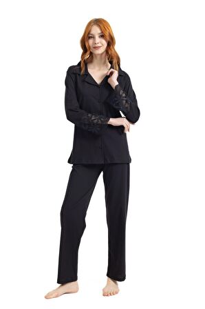 Kadın İnce Kolu Dantel Detaylı %100 Pamuklu Düğmeli Pijama Takımı 9319