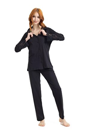 Kadın İnce Kolu Dantel Detaylı %100 Pamuklu Düğmeli Pijama Takımı 9319