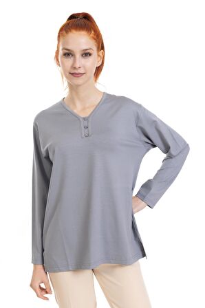 Kadın Orta Yaş ve Üzeri Dört Mevsim V Yaka Rahat Kalıp Likralı Viskoz Anne Penye Bluz 140