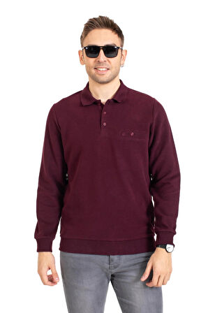 Erkek Klasik Regular Kalıp Pamuklu Selanik Polo Yaka Sweatshirt 1108-Bordo