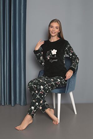 Yeni Sezon Sonbahar/Kış Kadın Welsoft Polar Yuvarlak Yaka Çiçek Desenli Kalın Pijama Takımı 30004