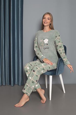 Yeni Sezon Sonbahar/Kış Kadın Welsoft Polar Yuvarlak Yaka Çiçek Desenli Kalın Pijama Takımı 30004