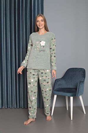 Yeni Sezon Sonbahar/Kış Kadın Welsoft Polar Yuvarlak Yaka Çiçek Desenli Kalın Pijama Takımı 30004