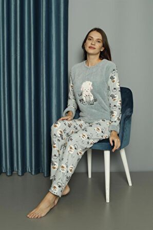 Yeni Sezon Sonbahar/Kış Kadın Welsoft Polar Yuvarlak Yaka Kuzucuk Desenli Kalın Pijama Takımı 30005
