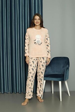 Yeni Sezon Sonbahar/Kış Kadın Welsoft Polar Yuvarlak Yaka Kuzucuk Desenli Kalın Pijama Takımı 30005