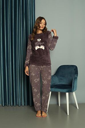 Yeni Sezon Sonbahar/Kış Kadın Welsoft Polar Yuvarlak Yaka Ayıcık Desenli Kalın Pijama Takımı 30003
