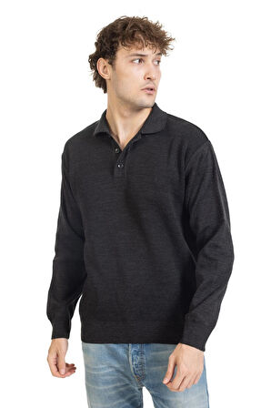 Erkek Orta Yaş ve Üzeri Sıkı Dokuma Triko Örgü Akrilik Kışlık Baba Polo Yaka Kazak 2062-Füme