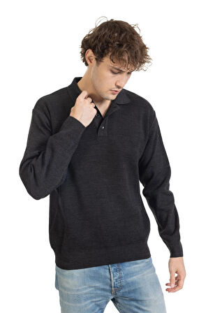 Erkek Orta Yaş ve Üzeri Sıkı Dokuma Triko Örgü Akrilik Kışlık Baba Polo Yaka Kazak 2062-Füme