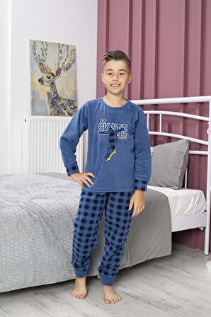 Yeni Sezon Sonbahar/Kış Erkek Çocuk Skate Desenli Polar Pijama Takımı 4515