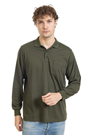 Erkek Orta Yaş ve Üzeri Polo Yaka Cepli Uzun Kollu Mevsimlik Sweatshirt 1103-Haki Yeşili