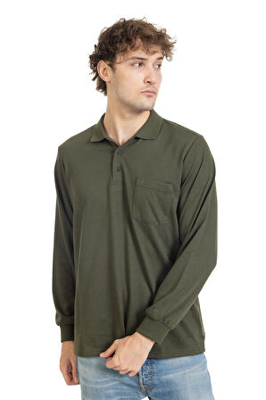 Erkek Orta Yaş ve Üzeri Polo Yaka Cepli Uzun Kollu Mevsimlik Sweatshirt 1103-Haki Yeşili
