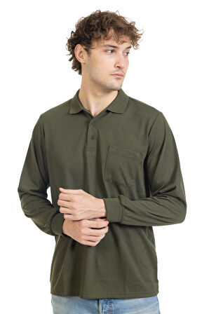 Erkek Orta Yaş ve Üzeri Polo Yaka Cepli Uzun Kollu Mevsimlik Sweatshirt 1103-Haki Yeşili