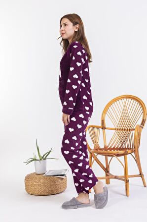 Yeni Sezon Sonbahar/Kış Kadın Welsoft Polar Yuvarlak Yaka Kalp Desenli Kalın Pijama Takımı 30008