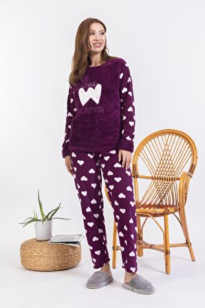 Yeni Sezon Sonbahar/Kış Kadın Welsoft Polar Yuvarlak Yaka Kalp Desenli Kalın Pijama Takımı 30008