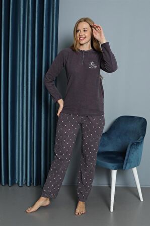 Yeni Sezon Sonbahar/Kış Kadın Welsoft Yuvarlak Yaka Düz Desen Kalın Polar Pijama Takımı 30009