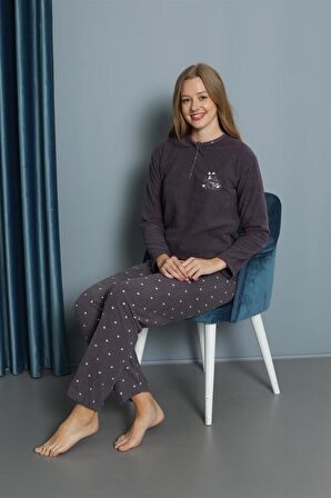 Yeni Sezon Sonbahar/Kış Kadın Welsoft Yuvarlak Yaka Düz Desen Kalın Polar Pijama Takımı 30009