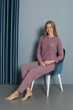 Yeni Sezon Sonbahar/Kış Kadın Welsoft Yuvarlak Yaka Düz Desen Kalın Polar Pijama Takımı 30009