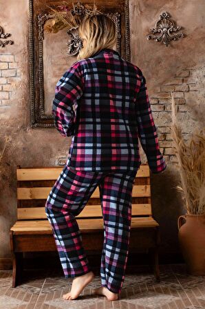 Sonbahar/Kış Welsoft Polar Düğmeli Ekose Desenli Kadın Büyük Beden Pijama Takımı P200127