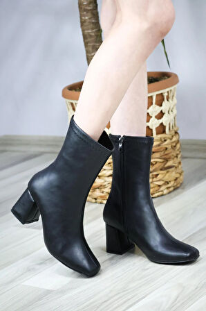 Kadın Siyah Cilt Lumos Küt Burun Topuklu Fermuarlı Bot  siyah cilt