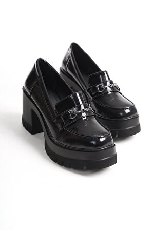Kadın Siyah Rugan İnce Toka 8 cm Yüksek Topuklu Loafer  Siyah Rugan