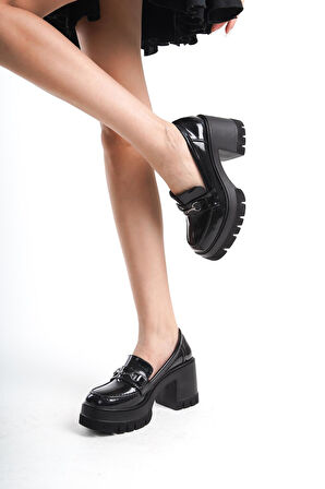 Kadın Siyah Rugan İnce Toka 8 cm Yüksek Topuklu Loafer  Siyah Rugan