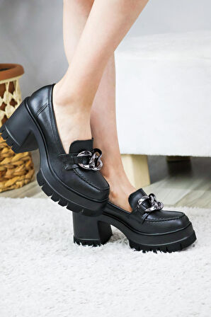 Kadın Kalın  Toka 8 cm  Platformlu Loafer Ayakkabı  siyah cilt
