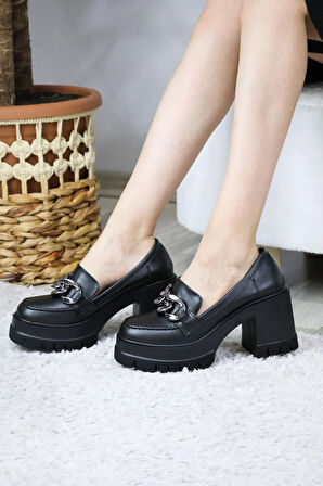 Kadın Kalın  Toka 8 cm  Platformlu Loafer Ayakkabı  siyah cilt