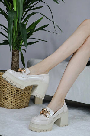 Kadın Kalın  Toka 8 cm  Platformlu Loafer Ayakkabı  Bej Rugan