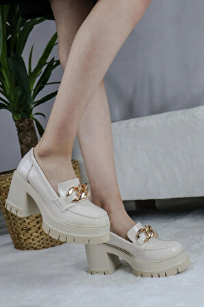 Kadın Kalın  Toka 8 cm  Platformlu Loafer Ayakkabı  Bej Rugan