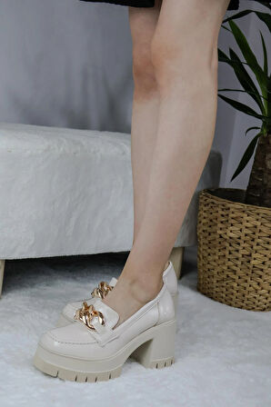 Kadın Kalın  Toka 8 cm  Platformlu Loafer Ayakkabı  Bej Rugan