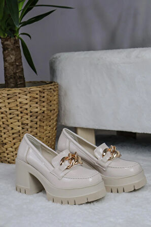 Kadın Kalın  Toka 8 cm  Platformlu Loafer Ayakkabı  Bej Rugan