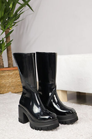 Kadın Liva Döner Fermuarlı  8 CM Topuklu Bot  Siyah Rugan