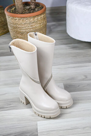 Kadın Liva Döner Fermuarlı  8 CM Topuklu Bot  krem