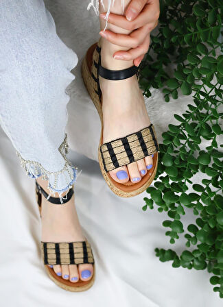 Hasır Detaylı Mantar Taban Ortopedik Taban Sandelet  siyah